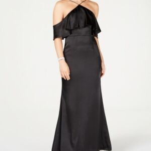 Adrianna Papell Satin Halter-Neck Cold-Shoulder Gown